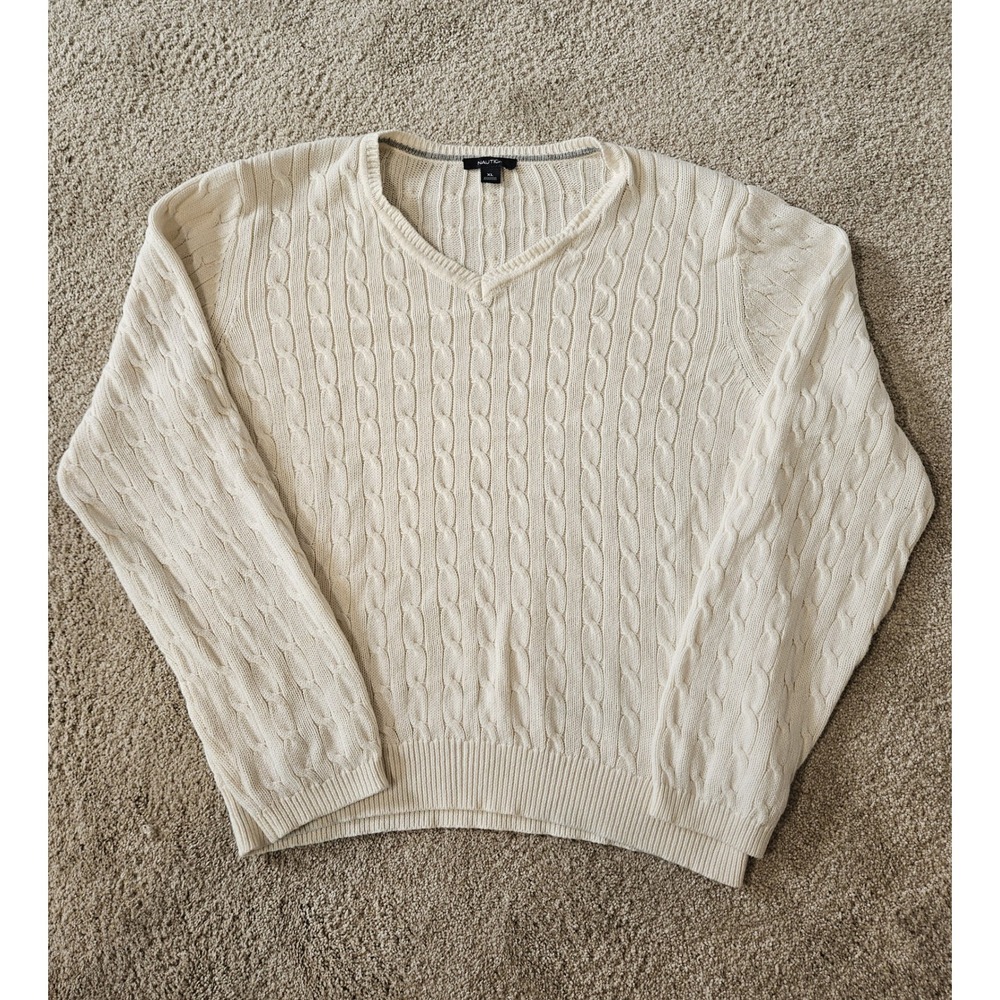 Cable Knit Sweater Womens XL Cream V-Neck Cotton Coastal Capsule Cozy  Academia